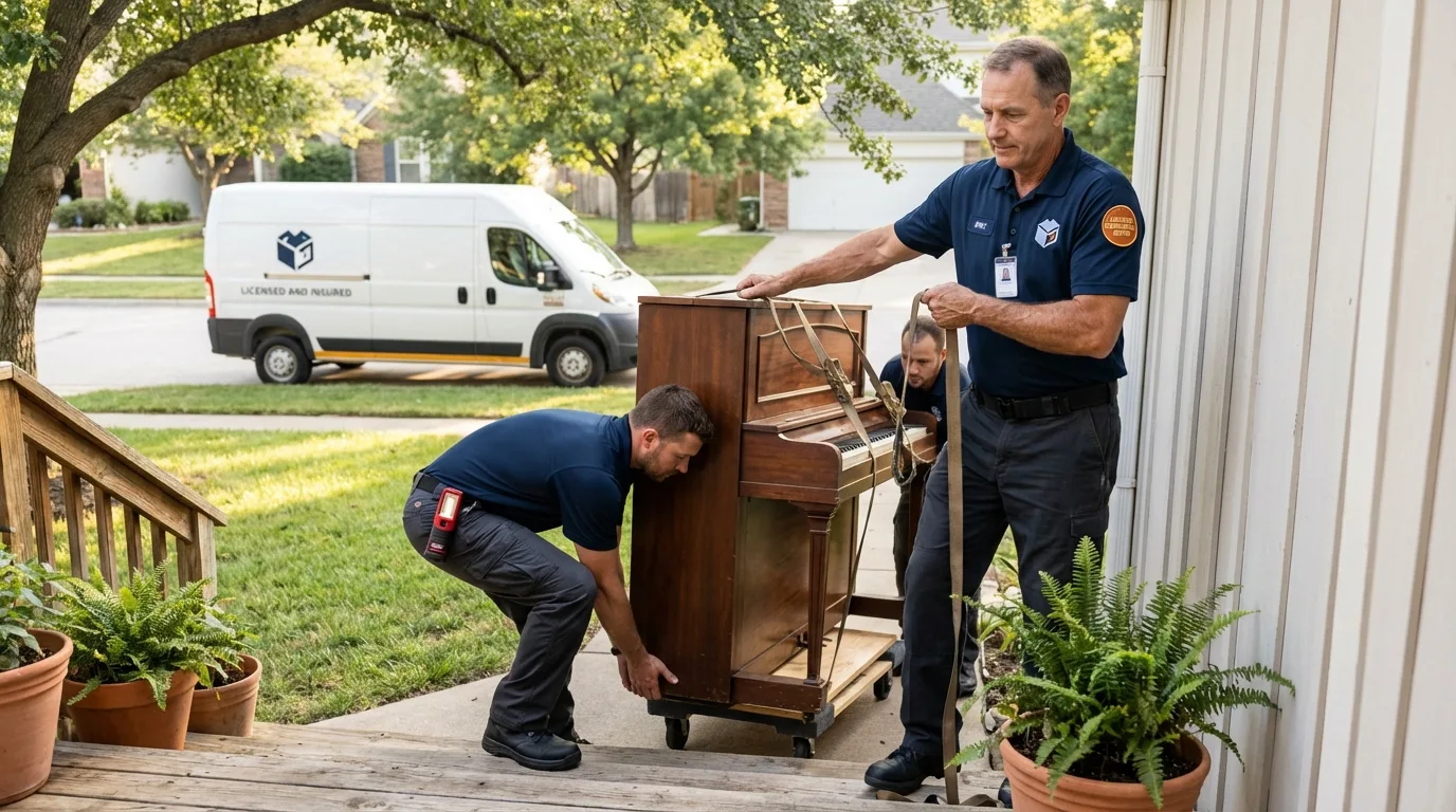 Licensed piano movers securing grand piano in Kersey, CO