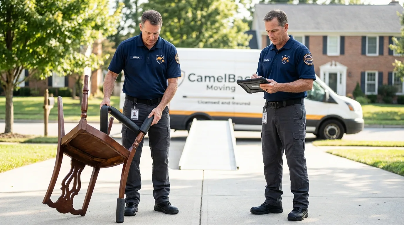Movers inspecting furniture for damage prevention before loading in Kersey, CO